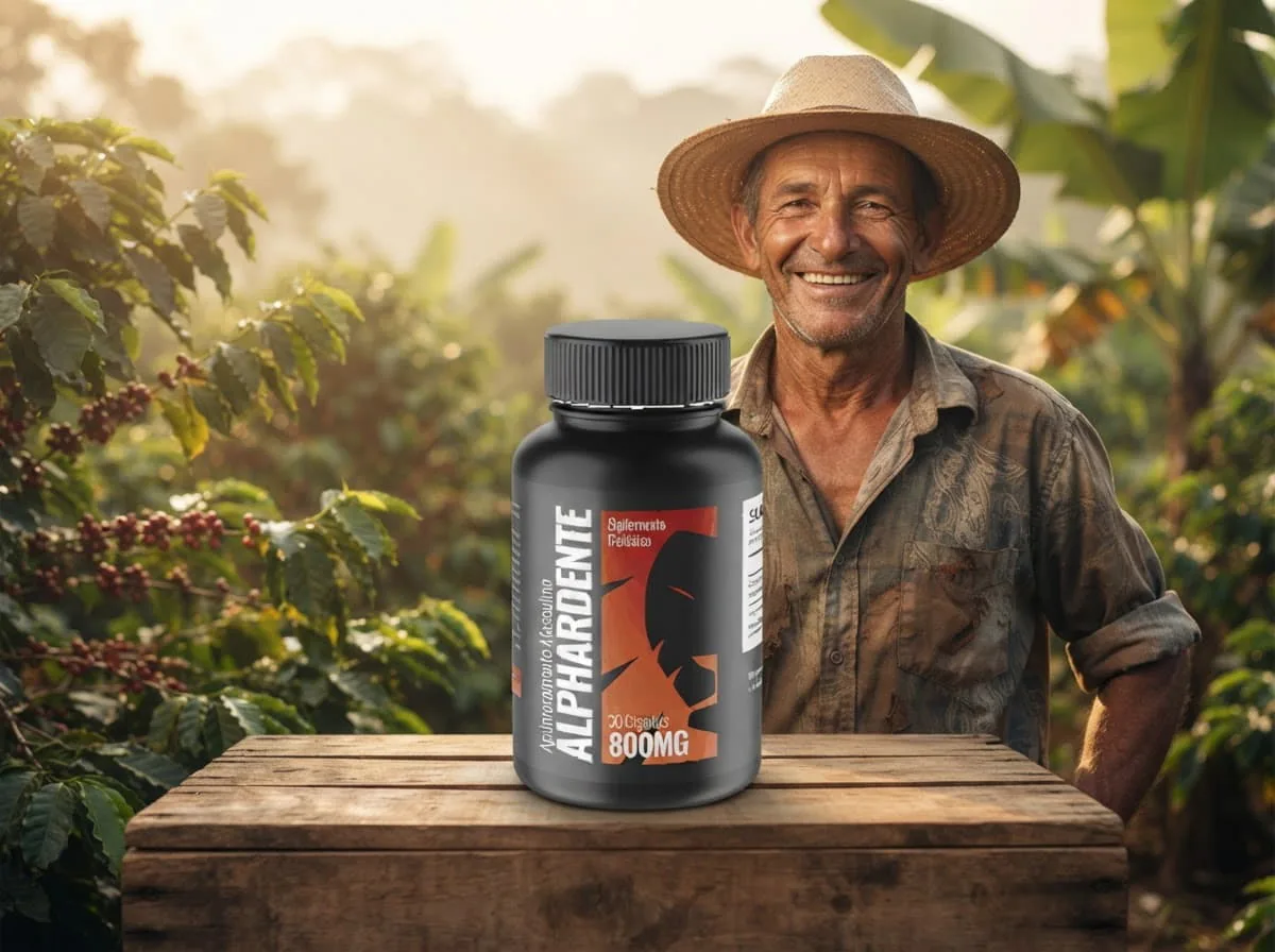 Homem do campo sorrindo ao lado do frasco de Alphardente original