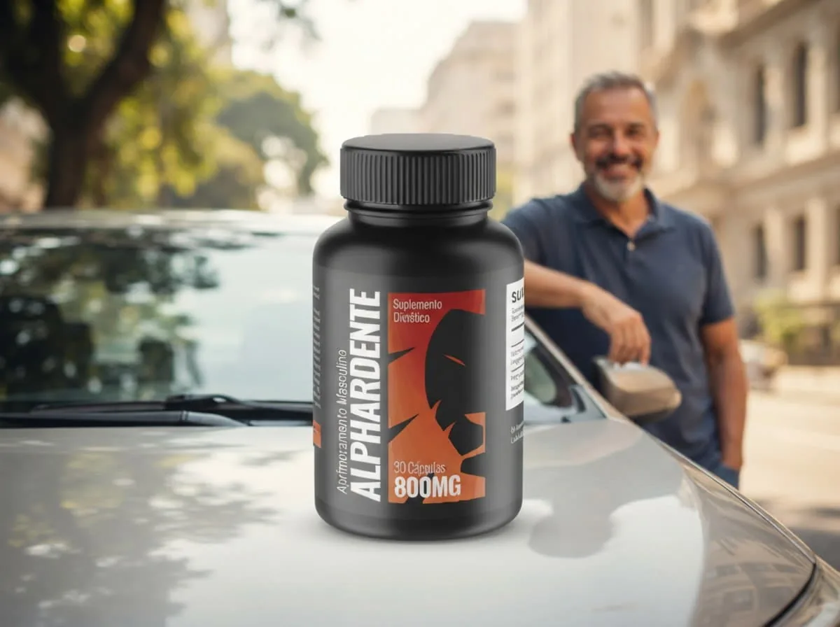 Homem confiante ao lado do carro com o frasco de Alphardente original