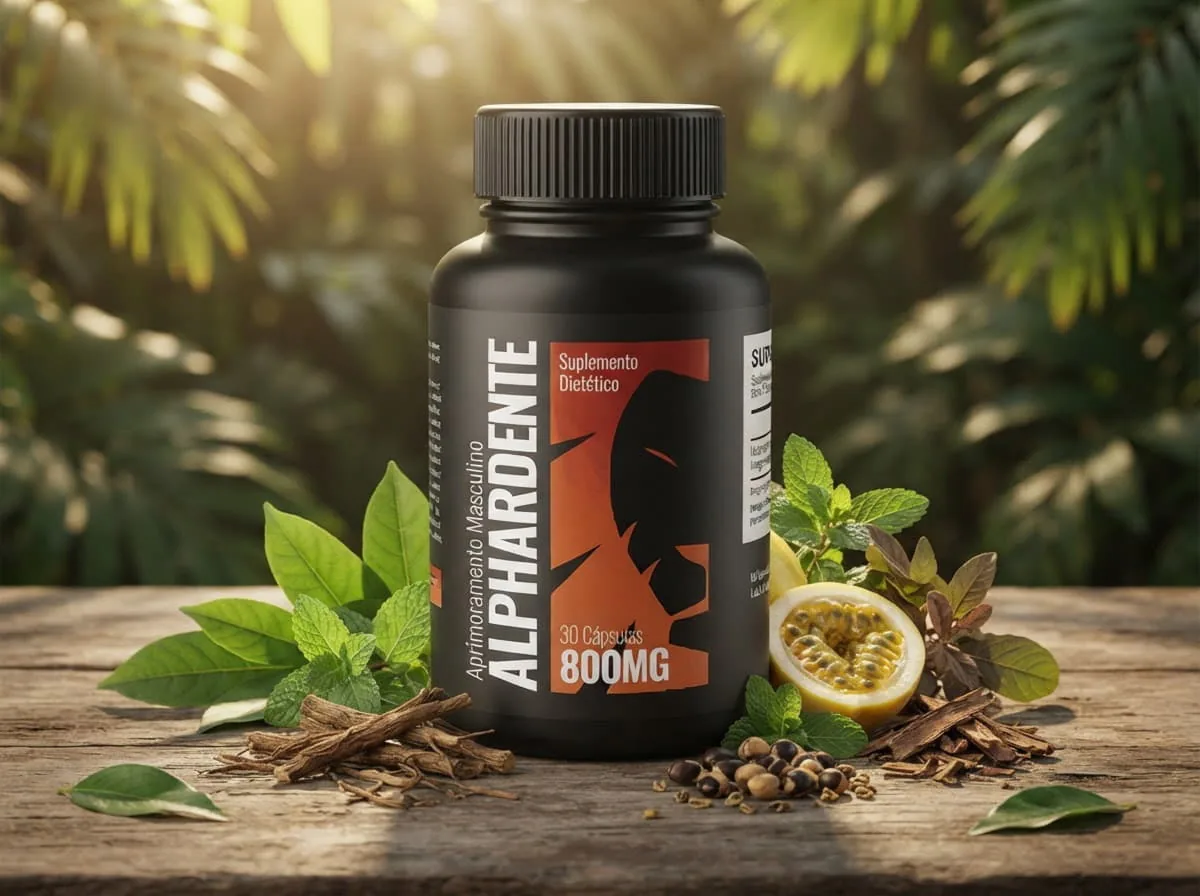 Fórmula do Alphardente: frasco entre folhas e ingredientes naturais