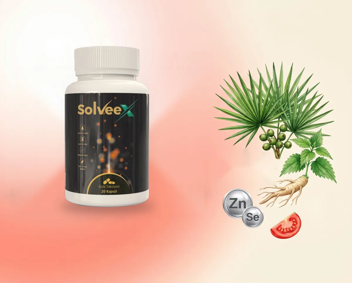 Solveex şişesi ve formülün bileşenleri — cüce palmiye meyvesi, ısırgan kökü, çinko, selenyum ve domates (likopen)