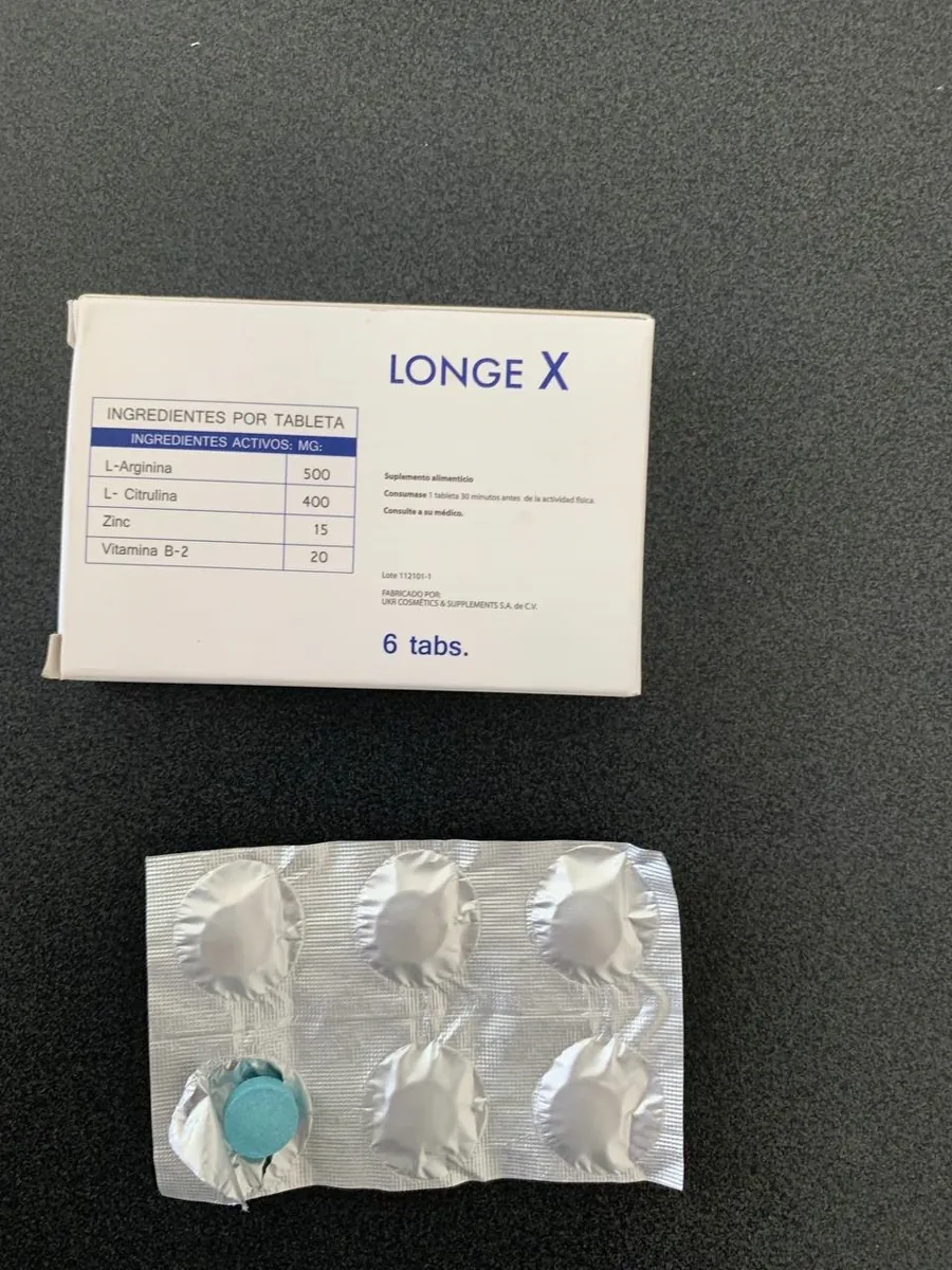 Etiqueta de Longe X: L-Arginina 500, L-Citrulina 400, Zinc 15, Vitamina B-2 20 mg por tableta