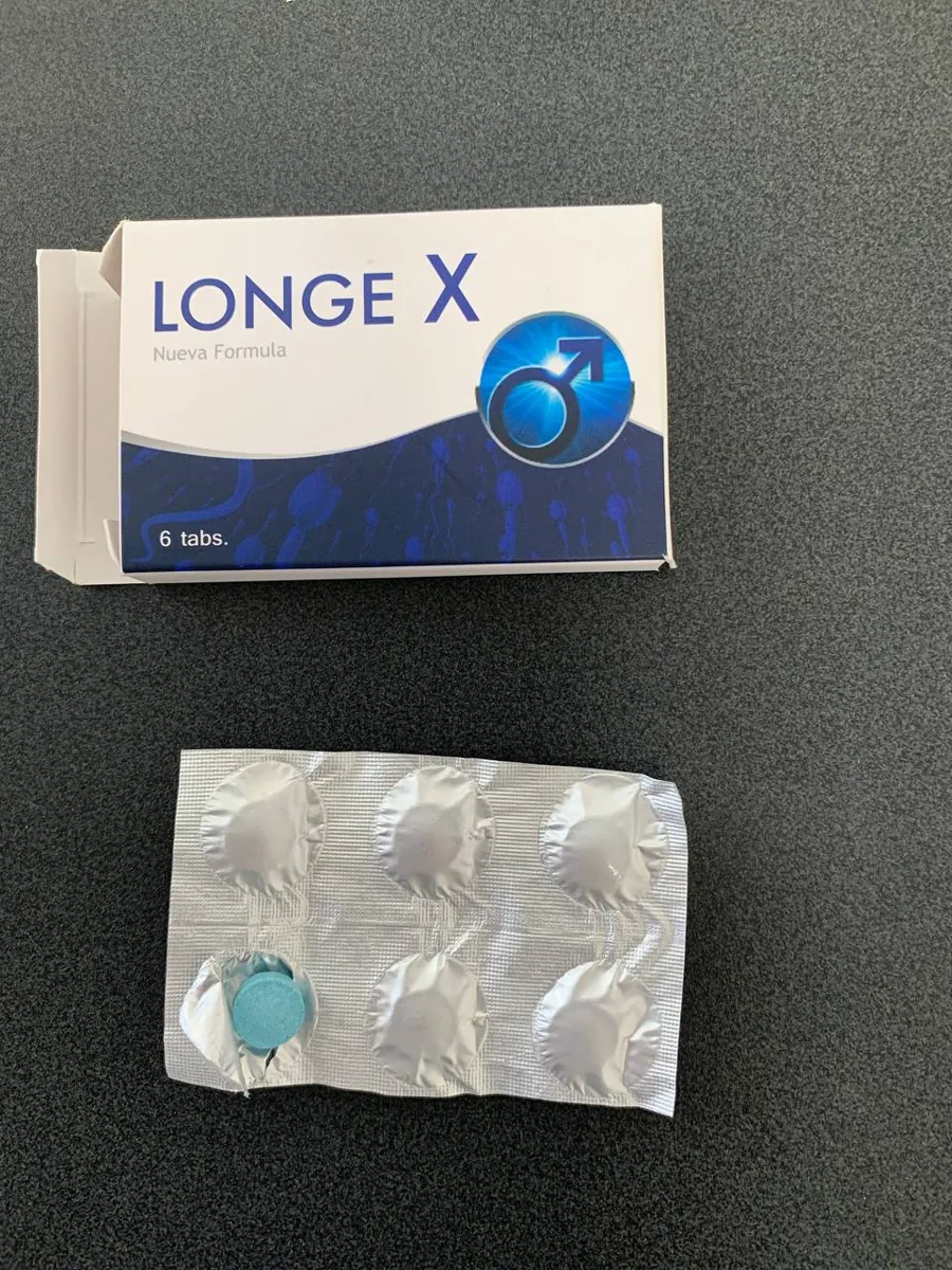Caja de Longe X con una tableta azul fuera del blíster